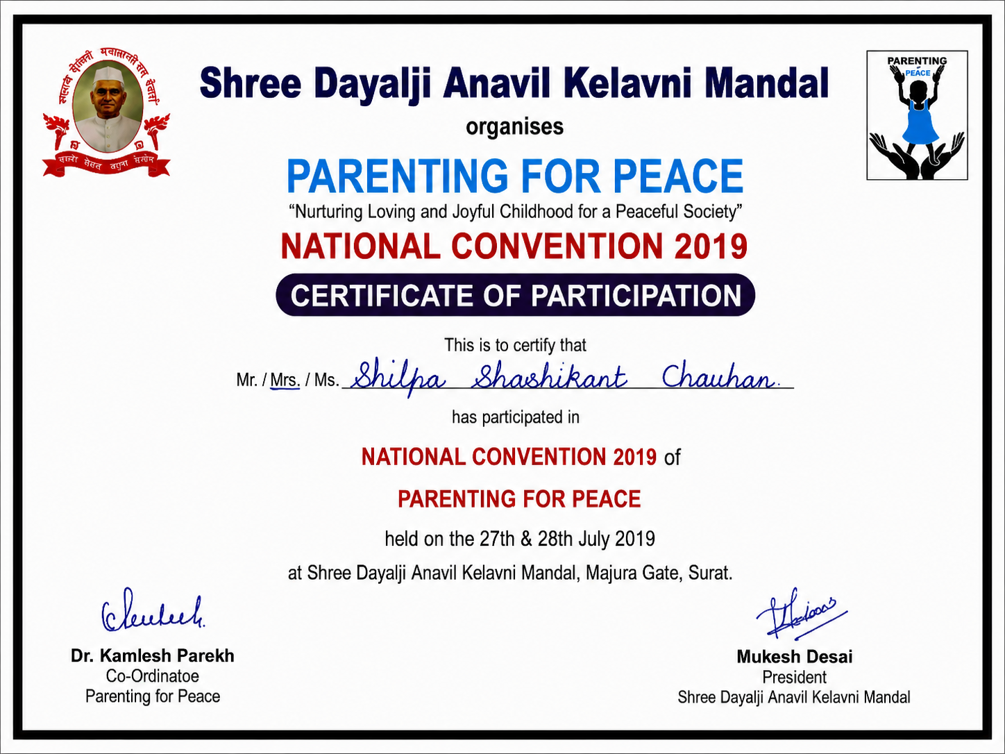 Parenting for Peace certificate