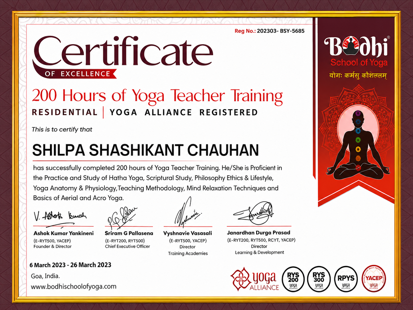 Yoga 200 Bodhi certificate