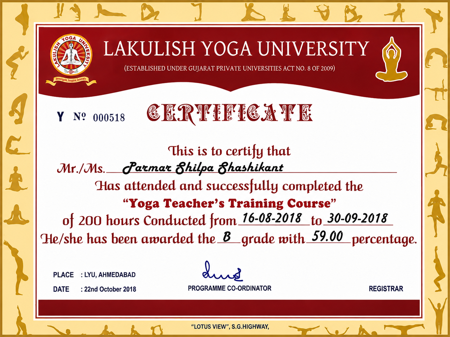 Yoga teacher certificate